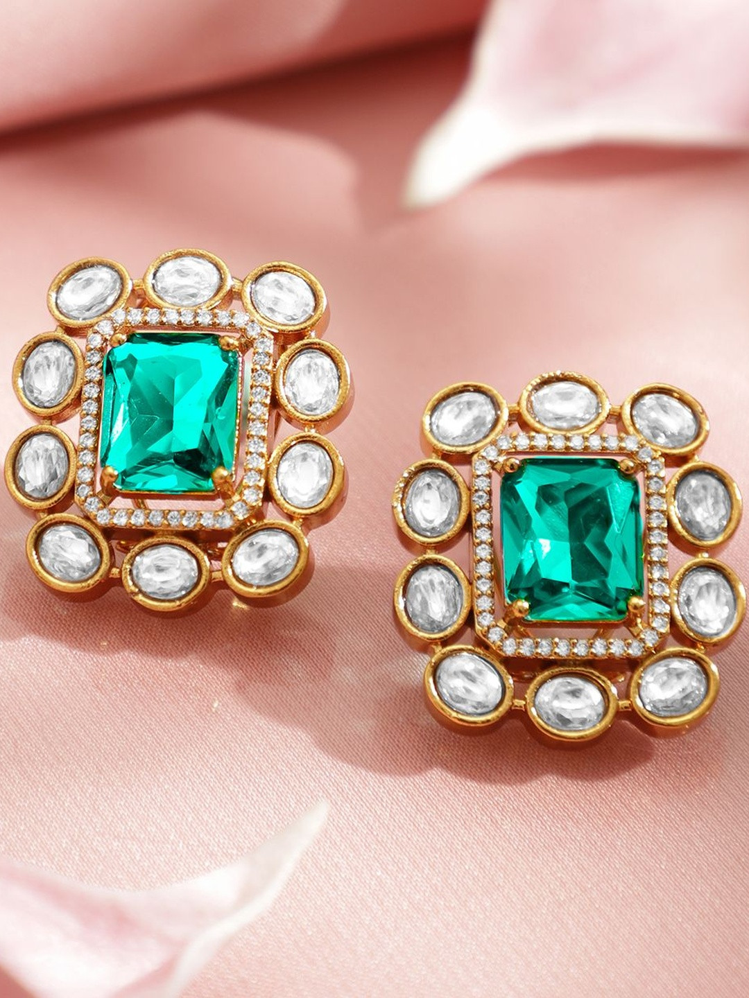 Rubans 22K Gold Plated Green Gemstone & Cubic Zirconia with White Kundan Stud Earrings