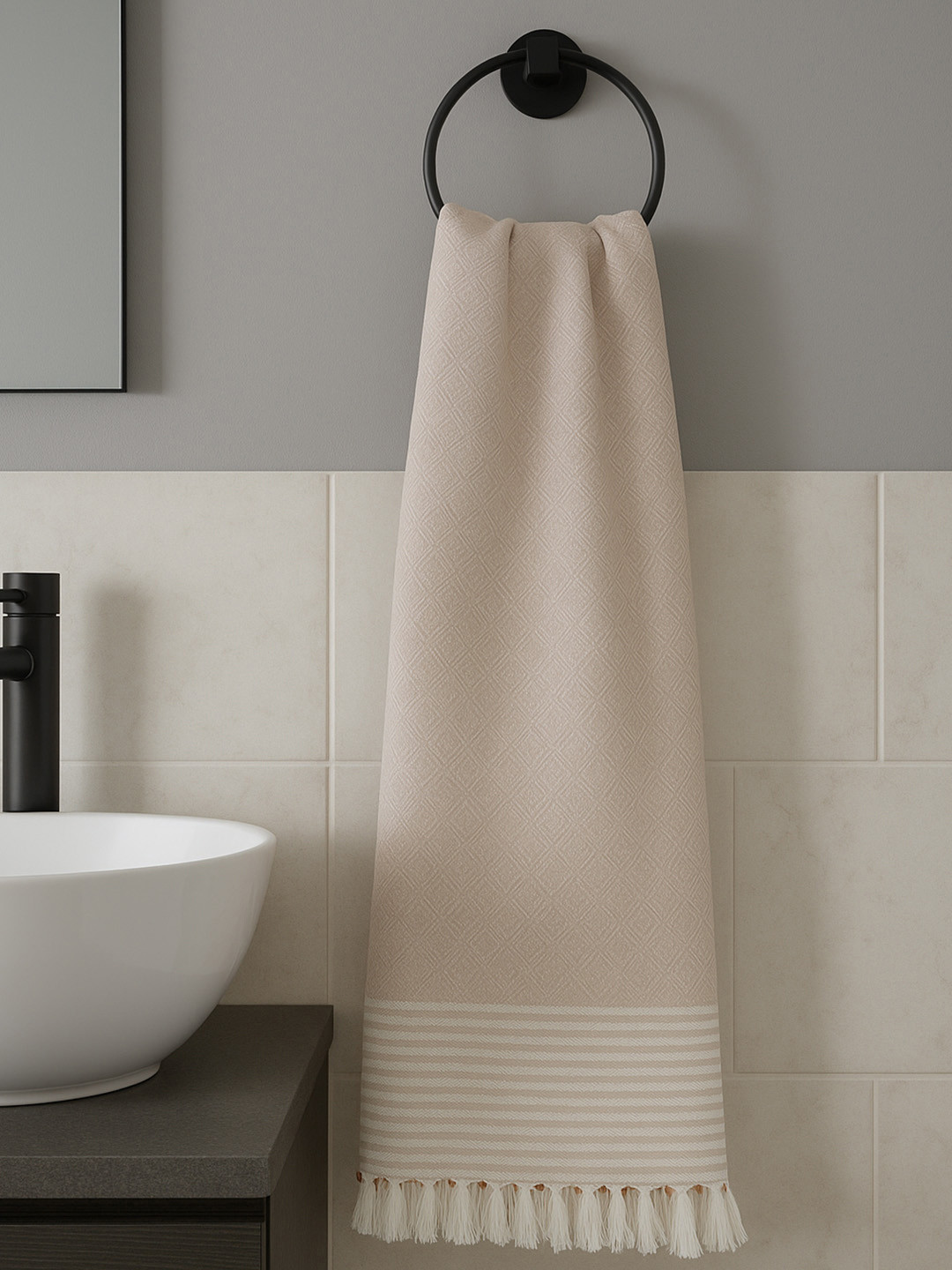 Kryptic Beige & White Geometric Printed 180 GSM Pure Cotton Bath Towel