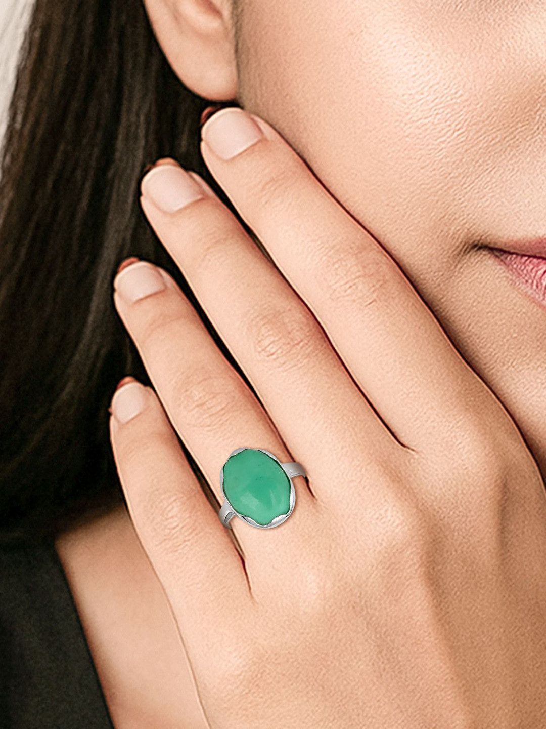Meadows 925 Sterling Silver Chrysoprase Gemstone Studded Finger Ring