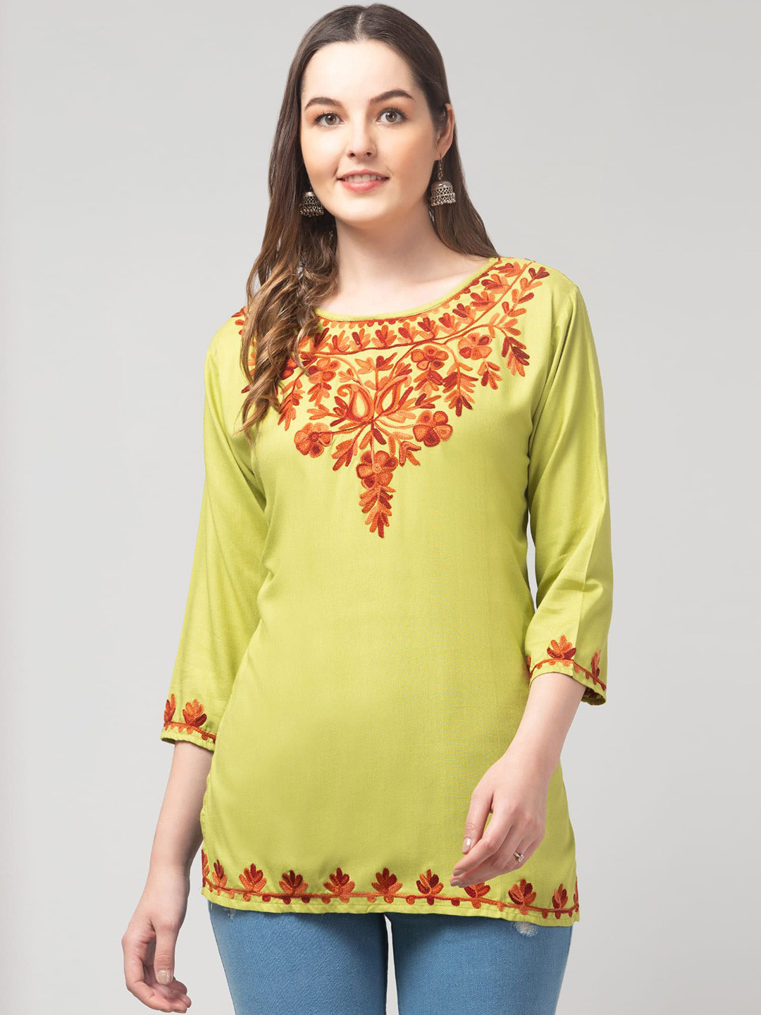 FAMBEE Women Pista Green Ethnic Motifs Kashmiri Style Embroidery Thread Work Kurti