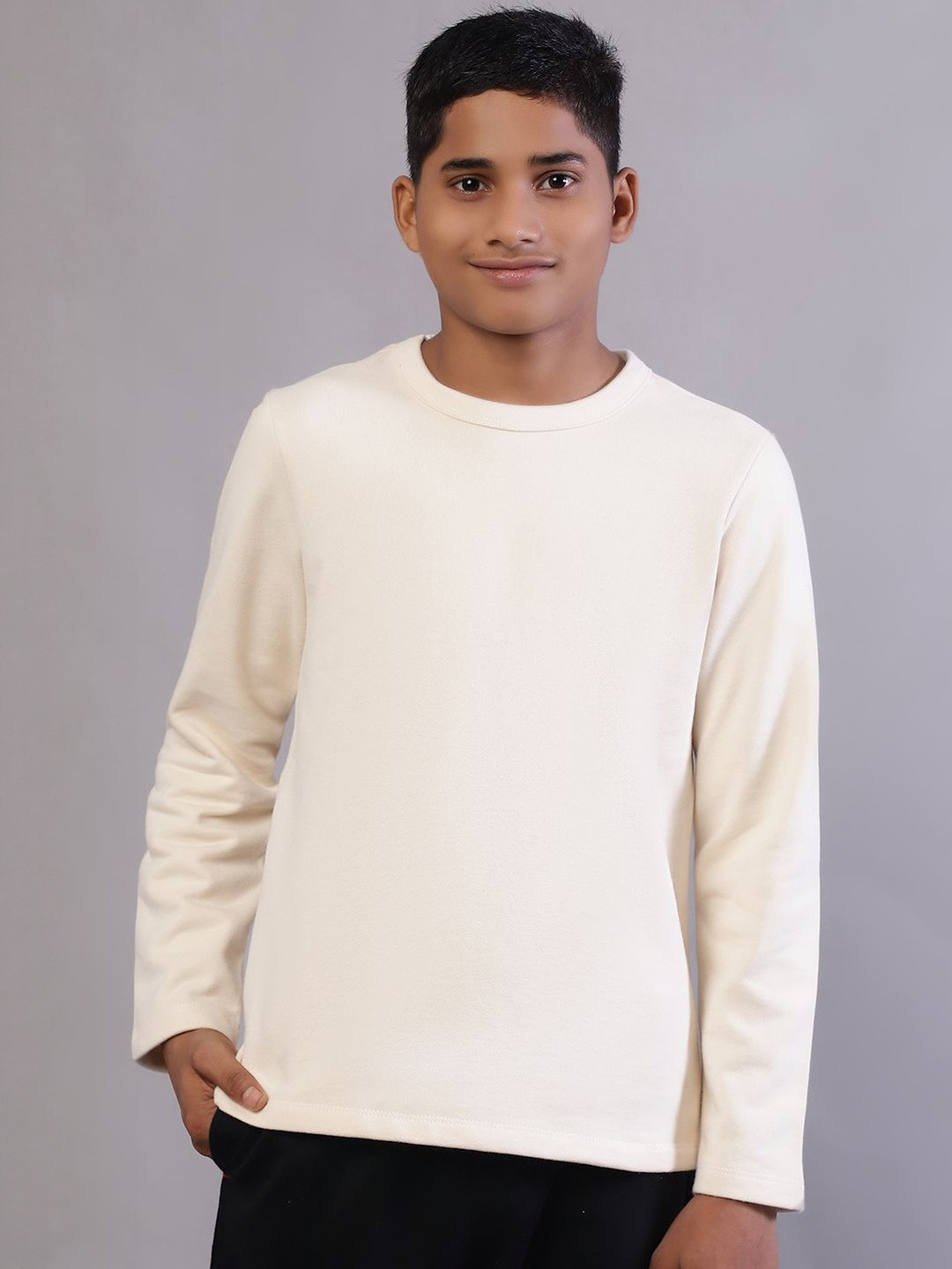 MOONAAH Kids Cream Solid Pure Cotton Slim Fit Sweatshirt