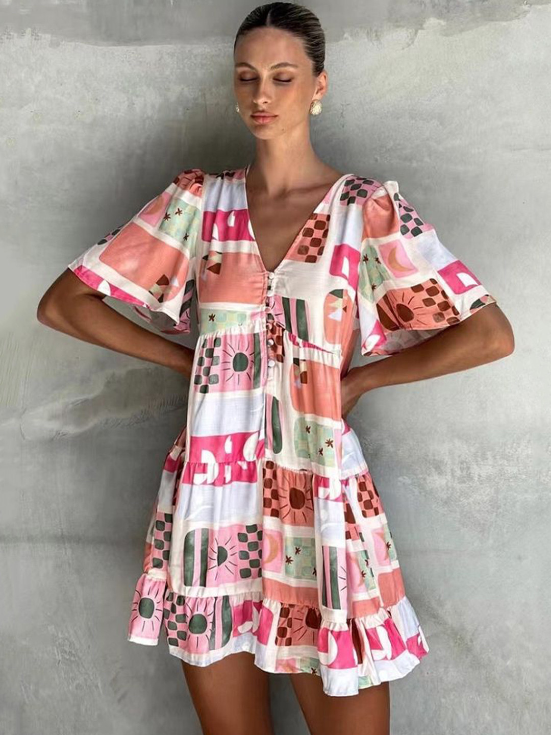 LULU & SKY Women Geometric Printed Flared Sleeves A-Line Mini Dress