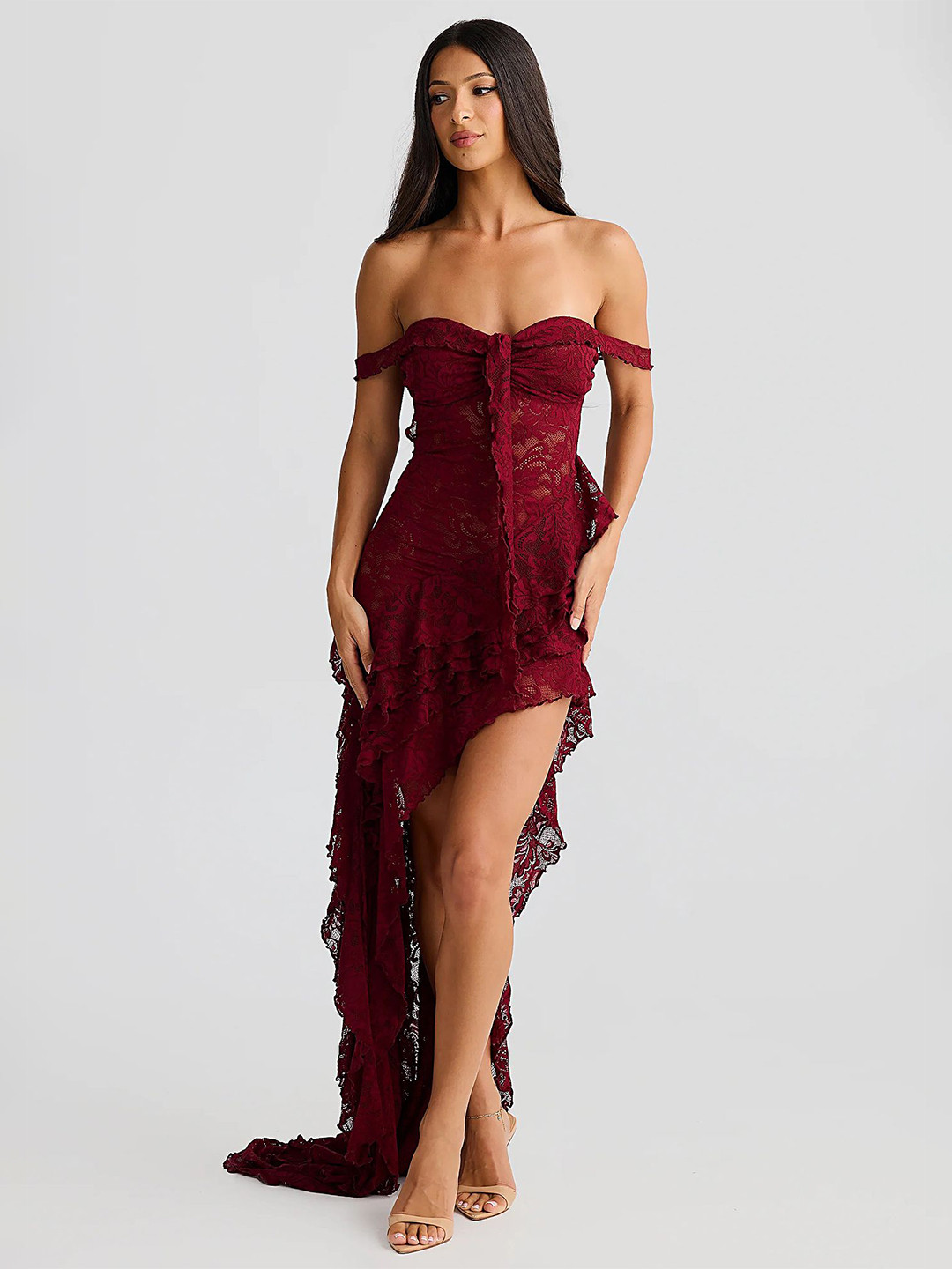 LULU & SKY Women Off-Shoulder Ruffled Maxi Asymmetrical Dress