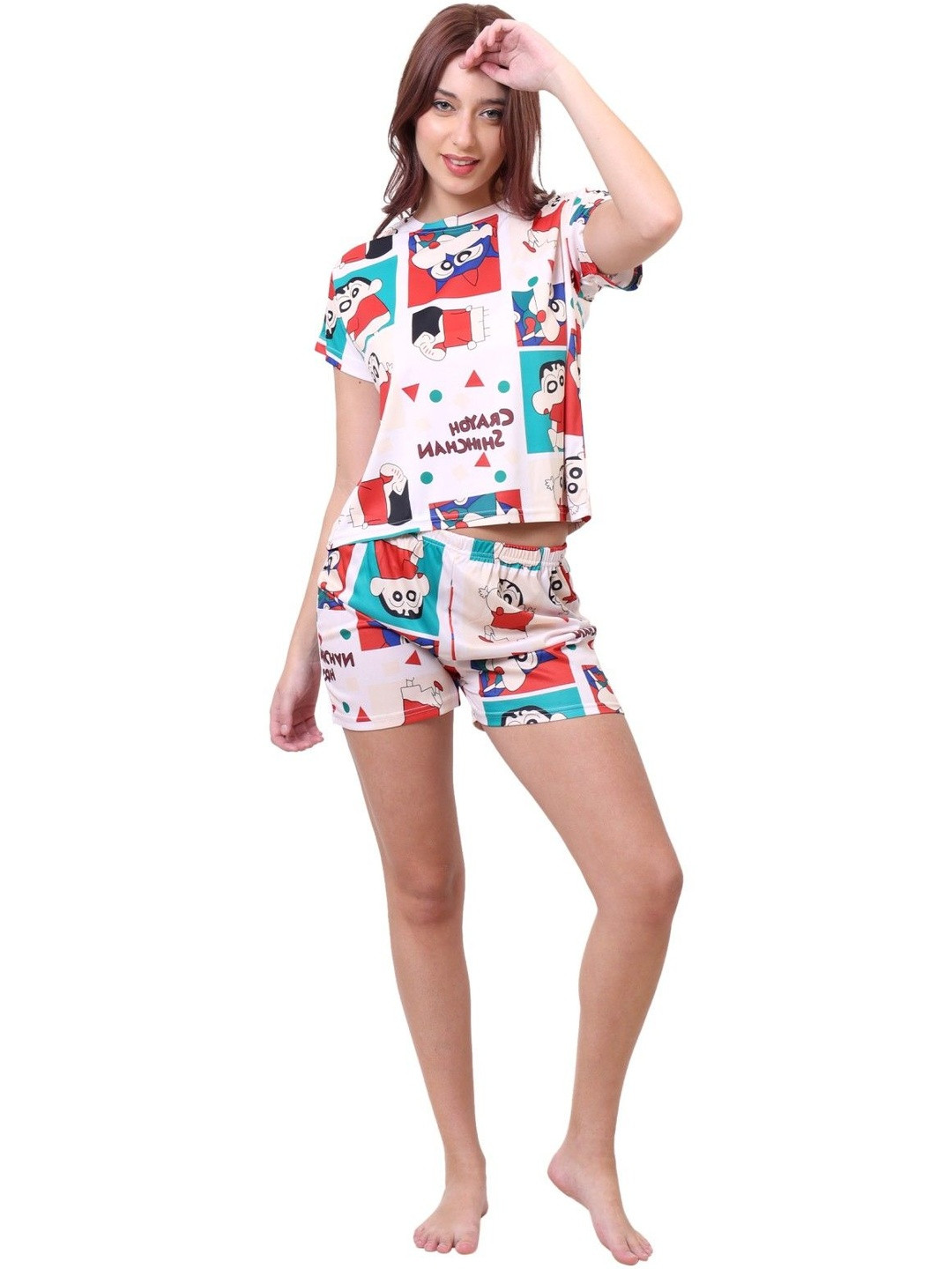 Clothus Women White & Red Cotton Printed night suit short with 2 attached pocket in short