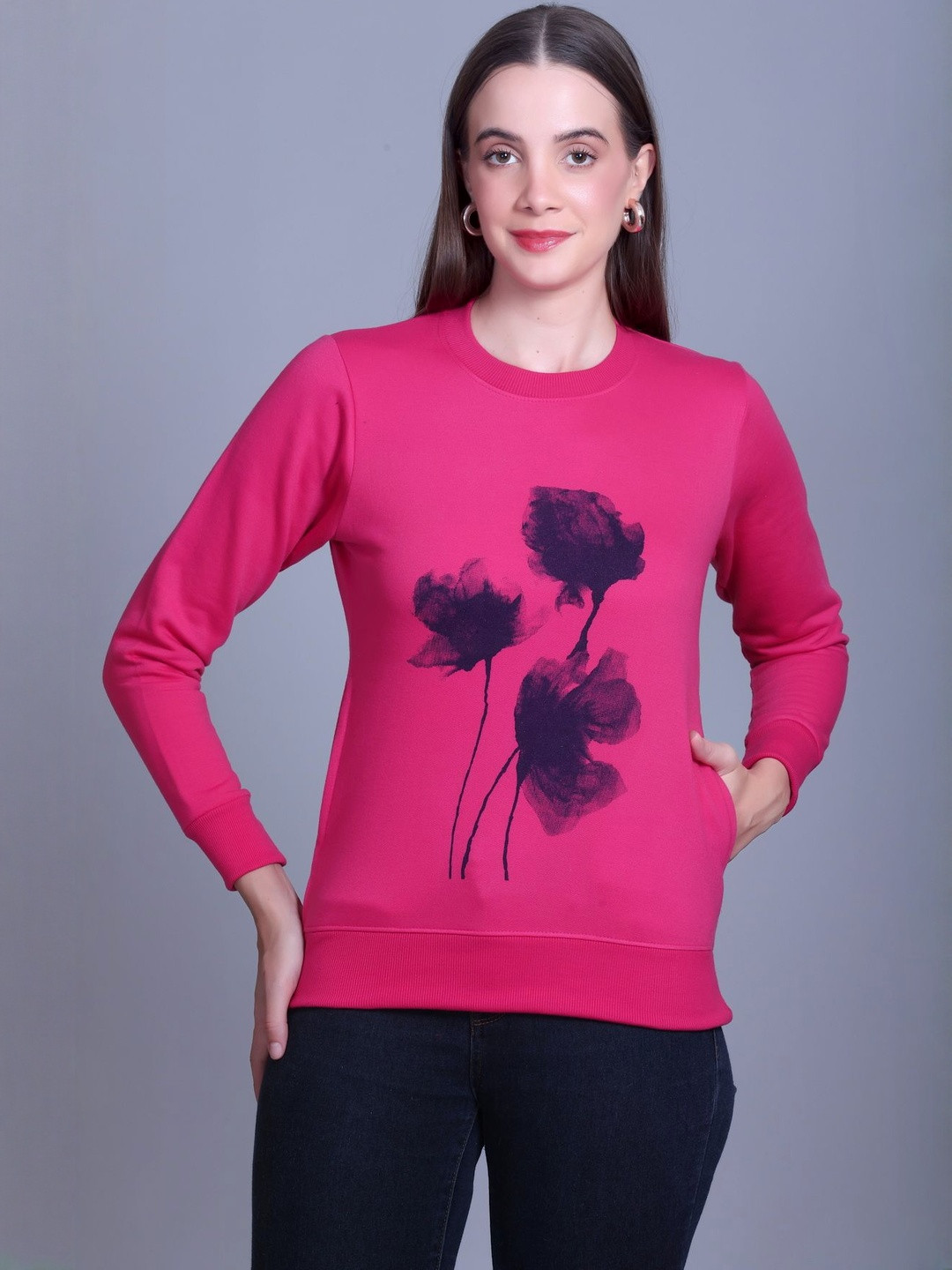 HERE&NOW Women Round Neck Tree Printed Casual Fleece Sweatshirt