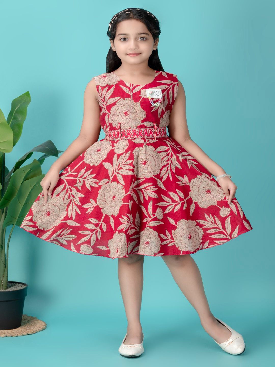BARKAT DESIGNING PLANET Girls Floral Printed Sleeveless A-Line Dress With Belt