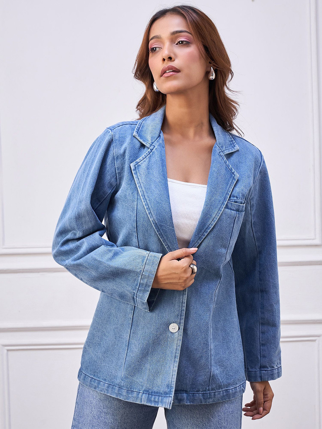 StyleStone Notched Lapel Single-Breasted Denim Blazer