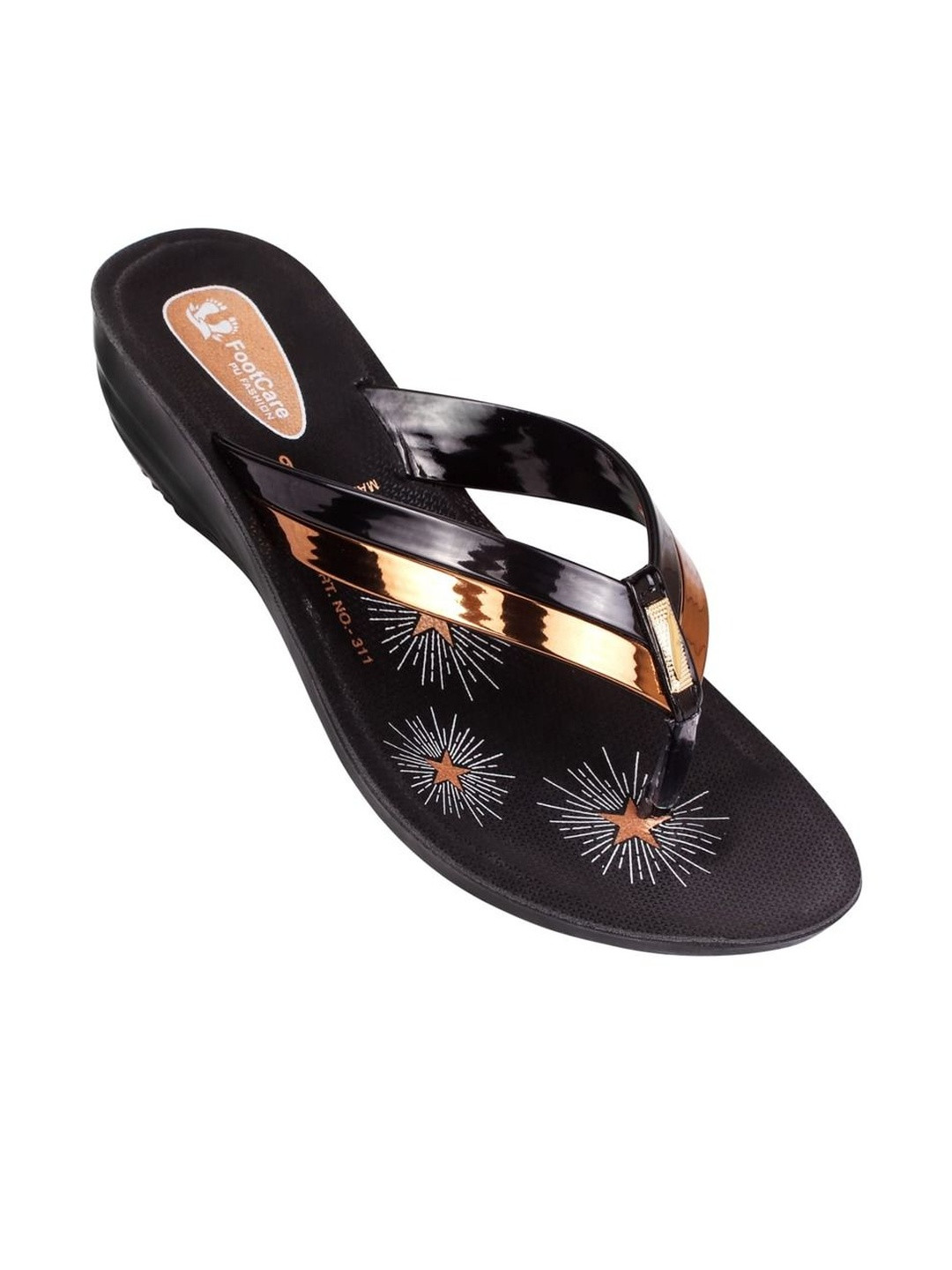 FOOT CARE Women Black & Gold Wide Strap Casual Sandals