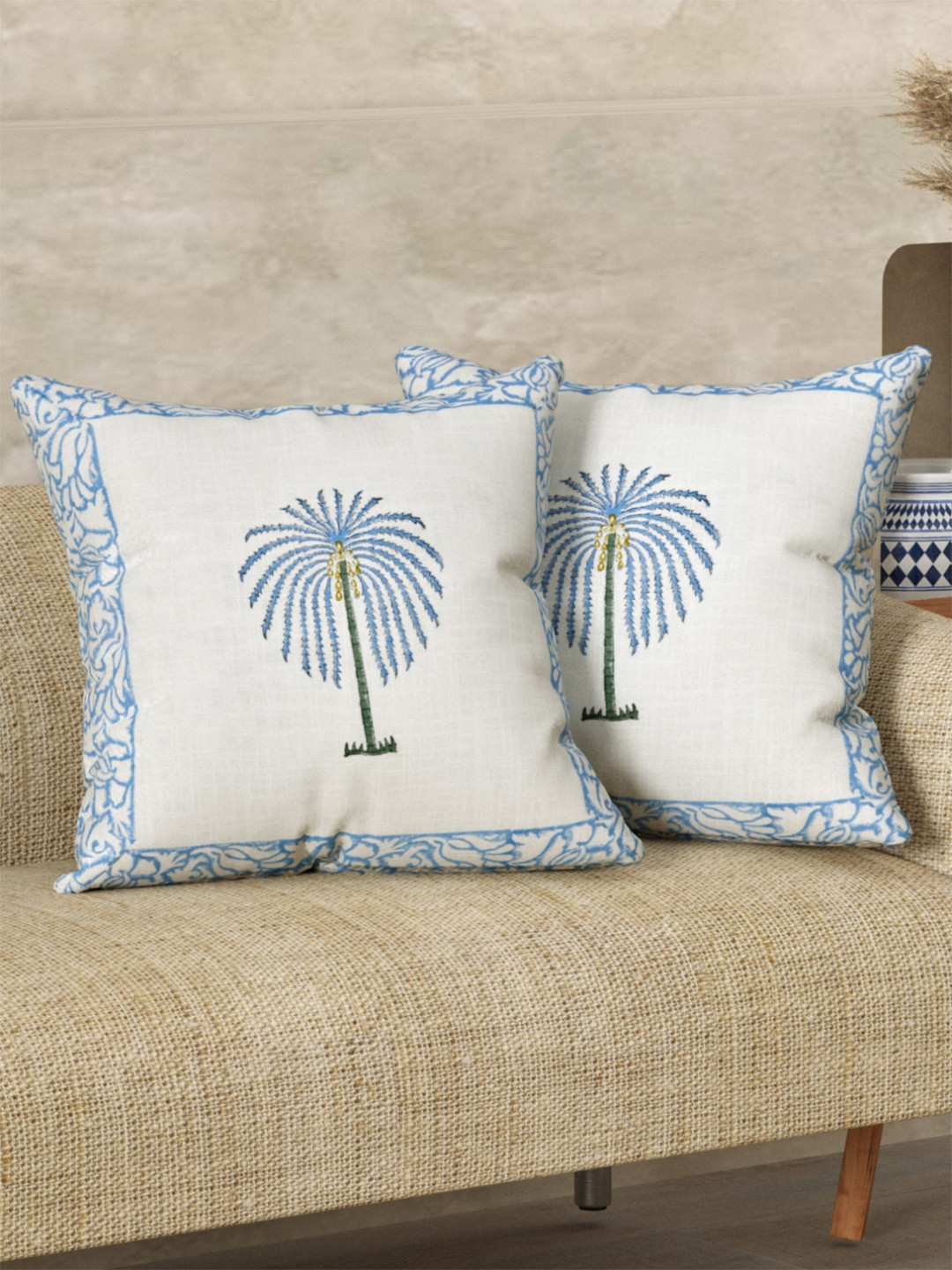 LIVING ROOTS Set Of 2 Hand Block Printed Heavy Slub Cotton Cushion Covers