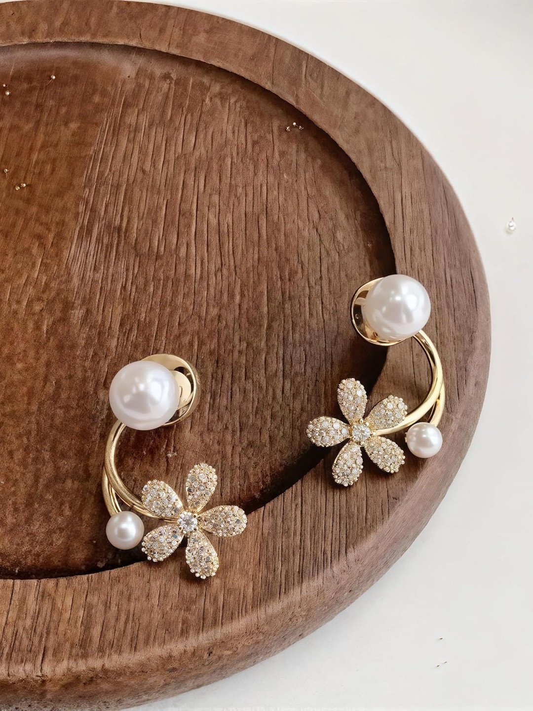 SAIFOO Korean Artificial Stones Studded and Beaded Floral Shaped Studs