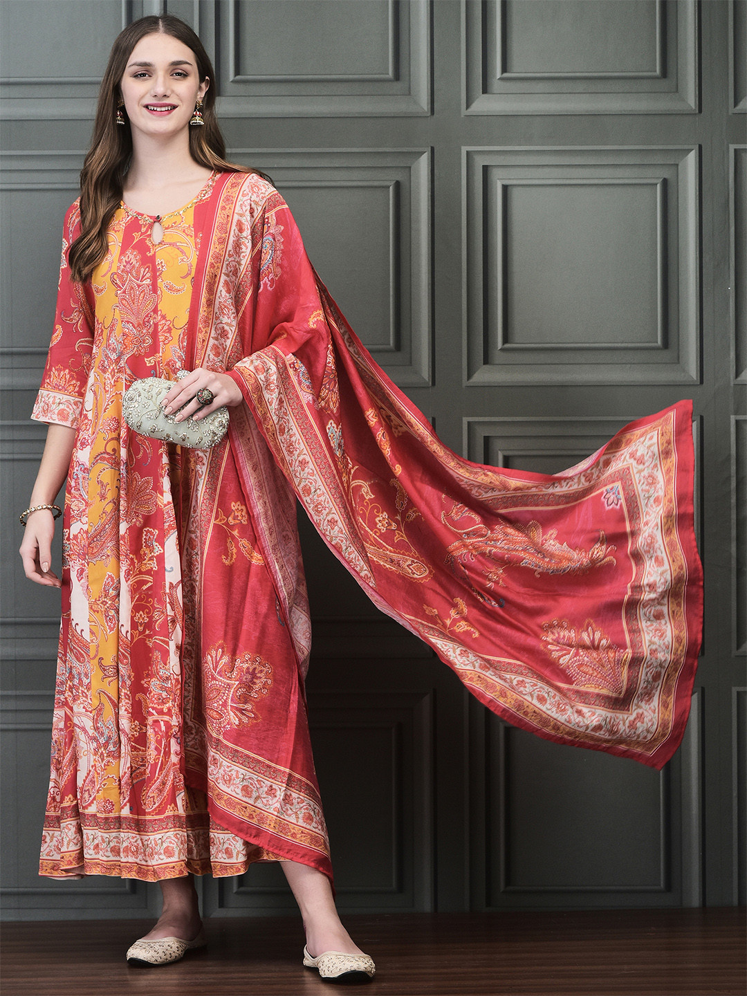 Shree Ethnic Motifs Printed A-Line Maxi Ethnic Dress With a Dupatta