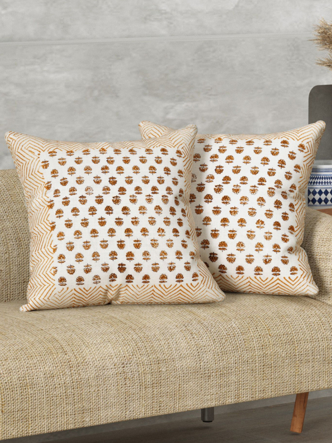 LIVING ROOTS Block Floral Cotton 2 Pcs Square Cushion Covers - 16 x 16 In