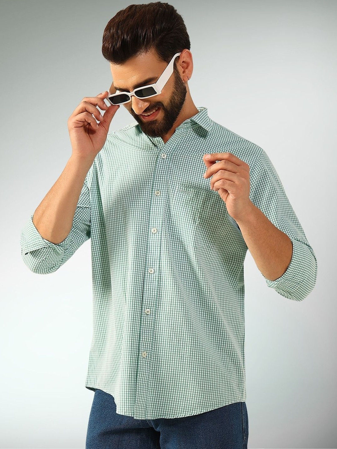 ENSPYR Men Grey Checked Spread Collar Long Sleeves Cotton Casual Shirt