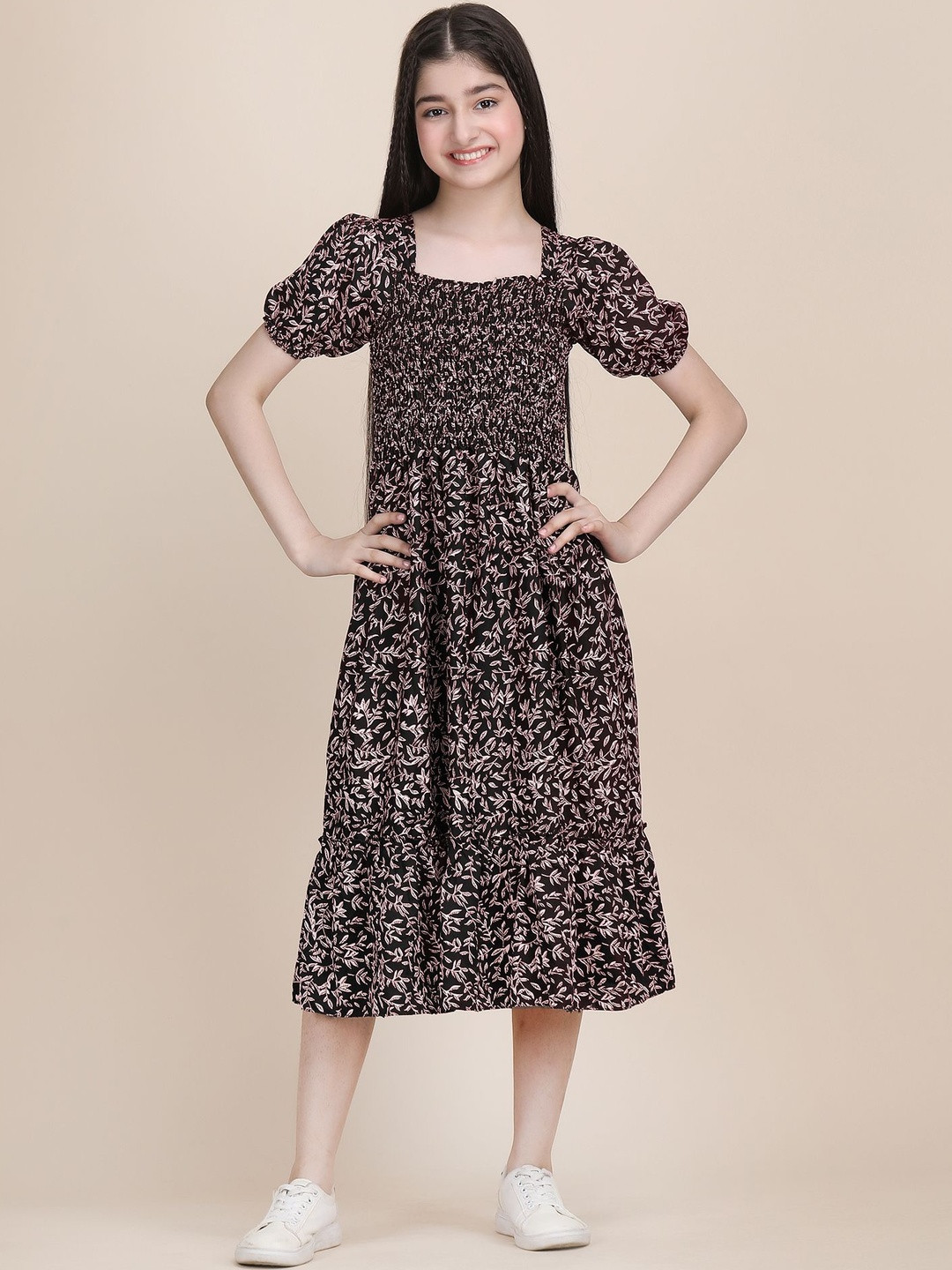 PaheliRani Girls Black Square Neck Smocked Ethnic Puff Sleeves Fit & Flare dress