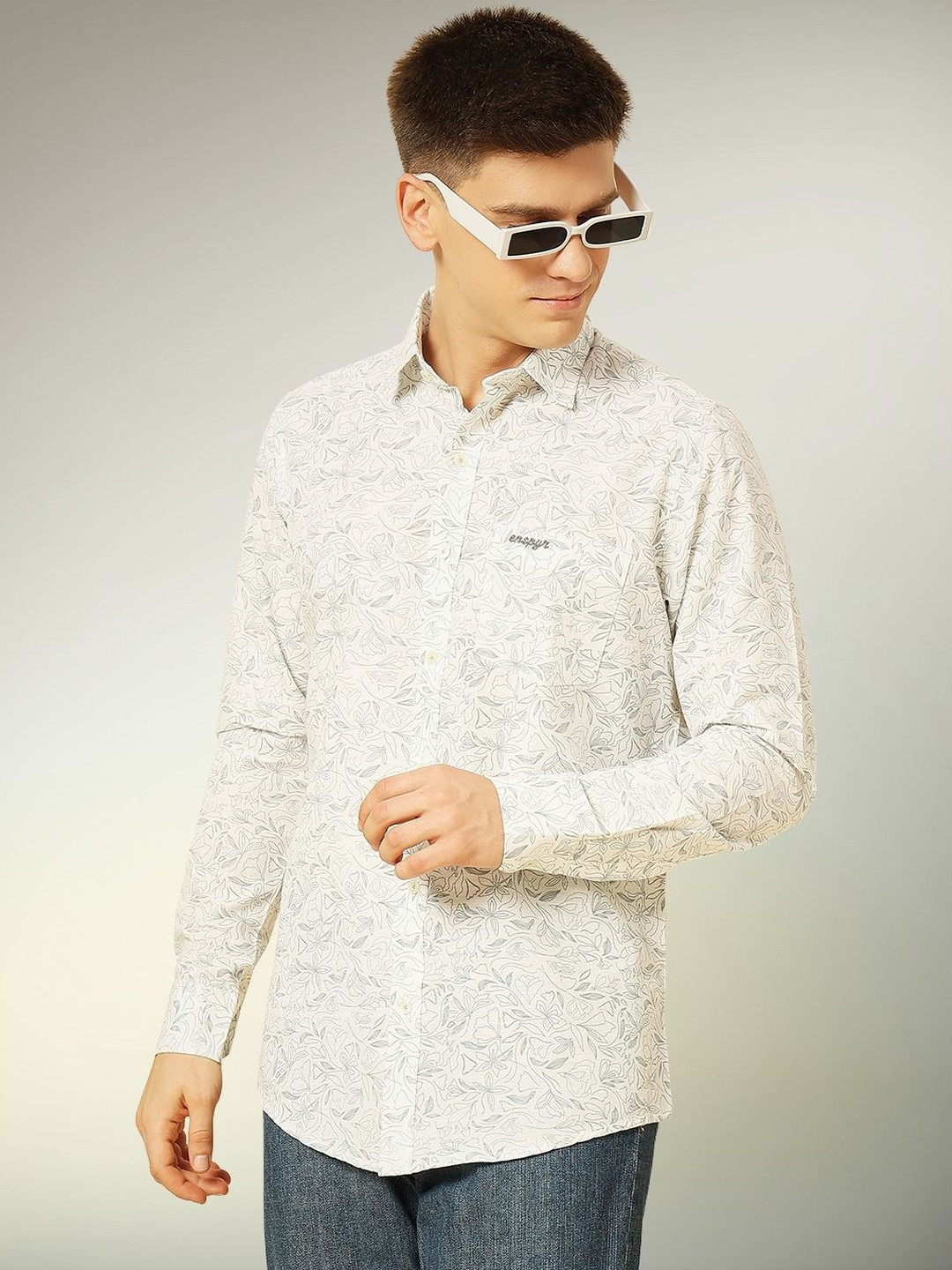 ENSPYR Men Grey Cotton Casual Long Sleeves Shirt