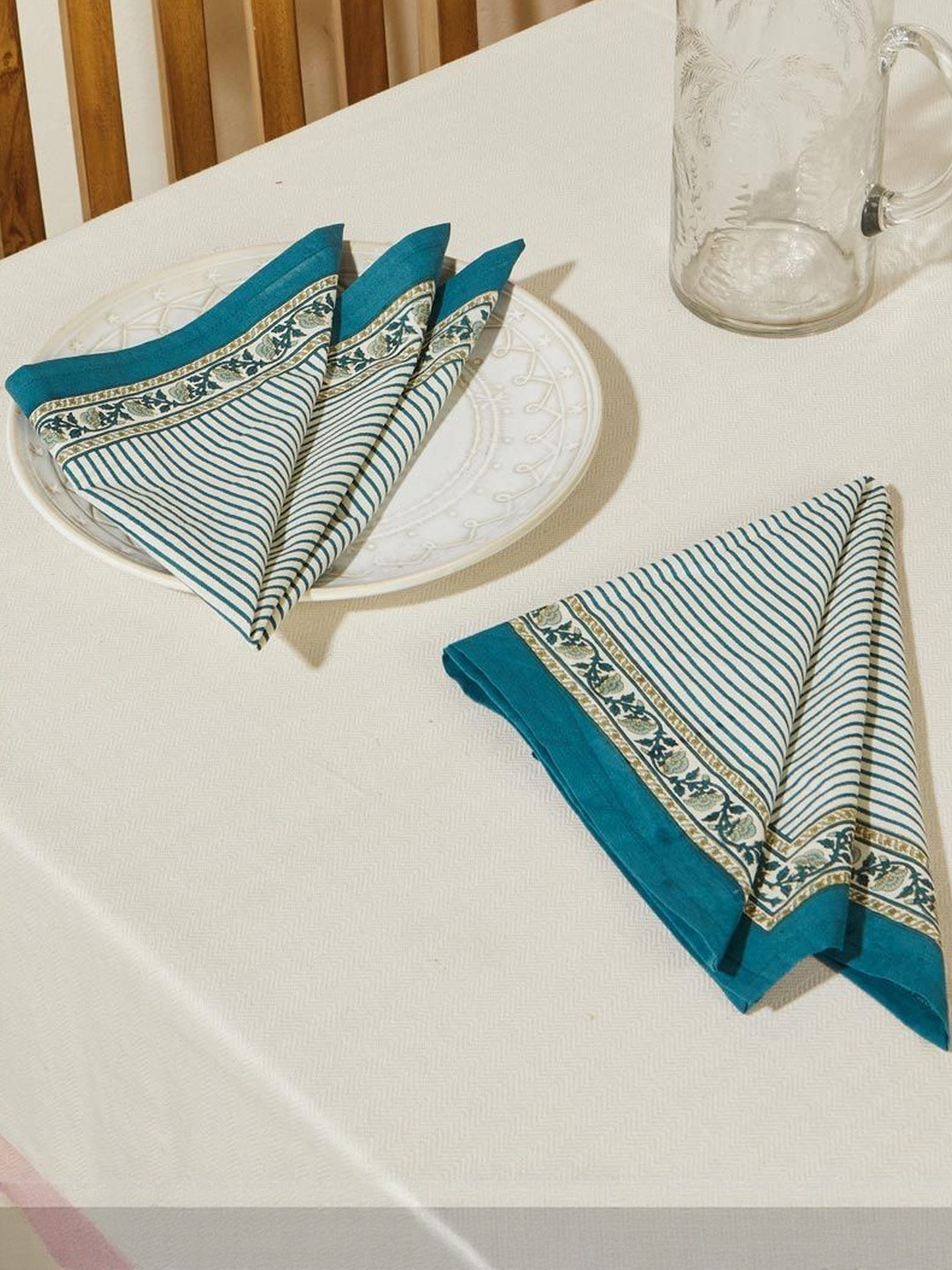 Fabindia Ambara Teal-Blue & White 6 Pieces Printed Cotton Square Shaped Table Napkins