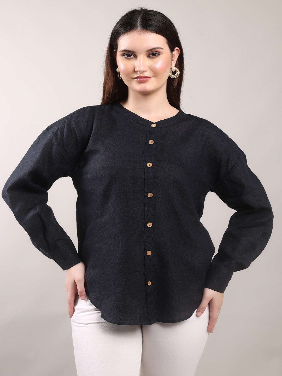 THE MAJESTIC PEACOCK Women Solid Band Collar Linen Casual Shirt