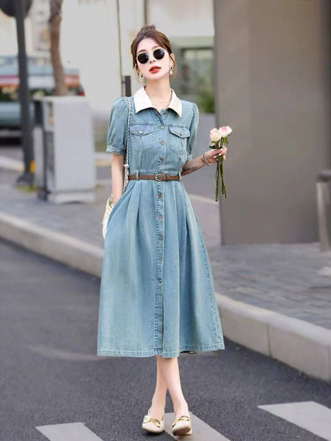 bebe Women Shirt Collar Shirt Midi Dress