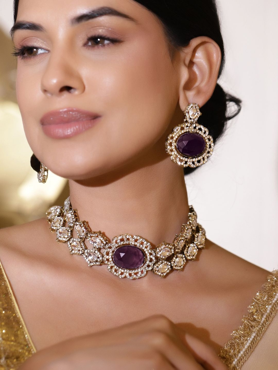 Rubans 22K Gold-Plated Purple Gemstone, White Kundan & Cubic Zirconia Statement Choker Set
