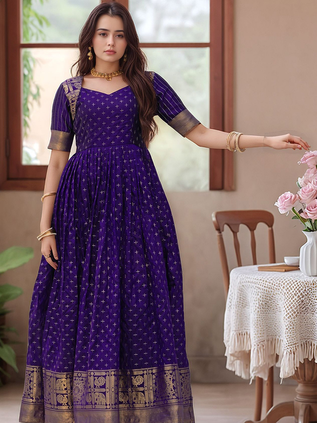 MORDEN MUSE Women Ethnic Motifs Woven Design Gathered Fit and Flare Ethnic Dresses