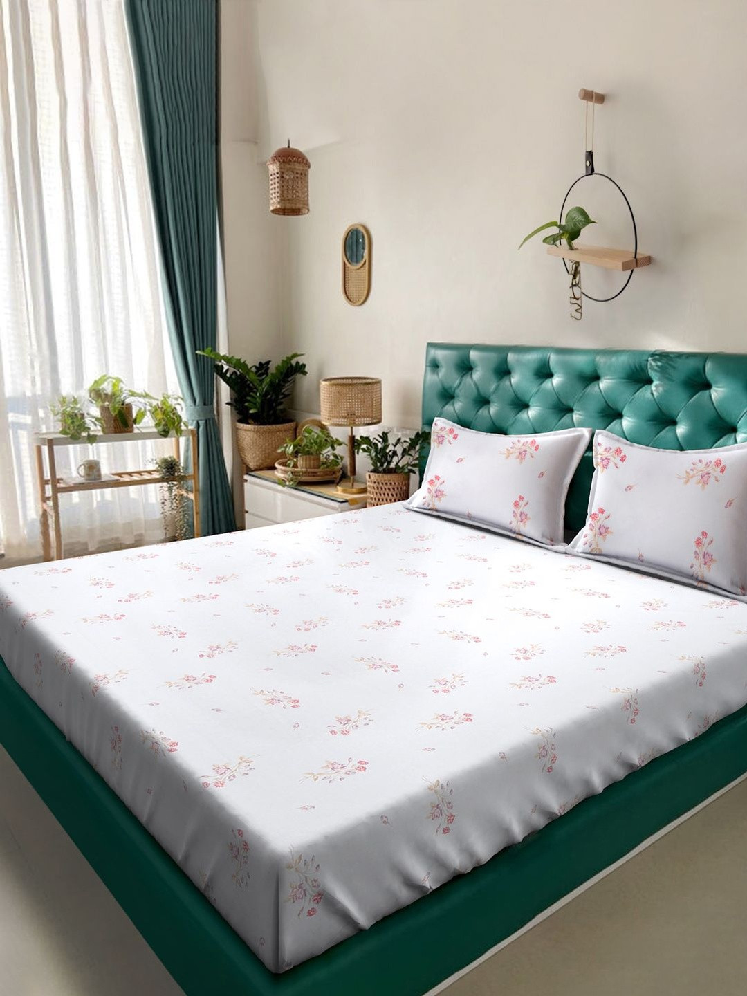 KLOTTHE White Floral Print 400 TC Bedsheet With 2 Pillow Covers