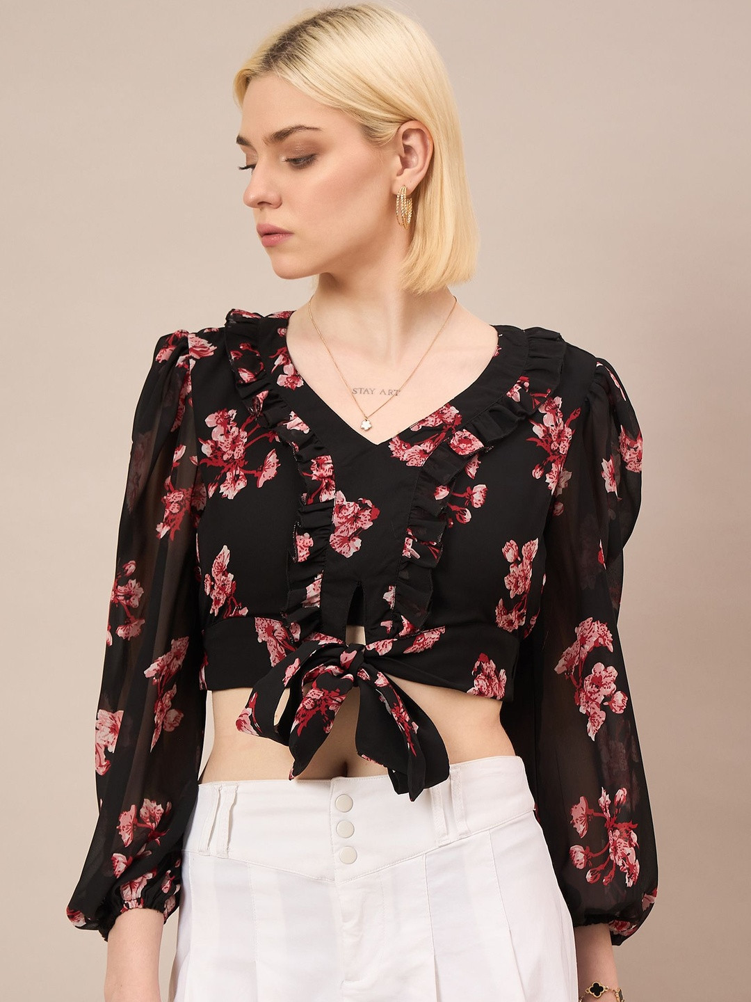 Roadster Floral Printed V-Neck Puff Sleeve Ruffles Tank Top