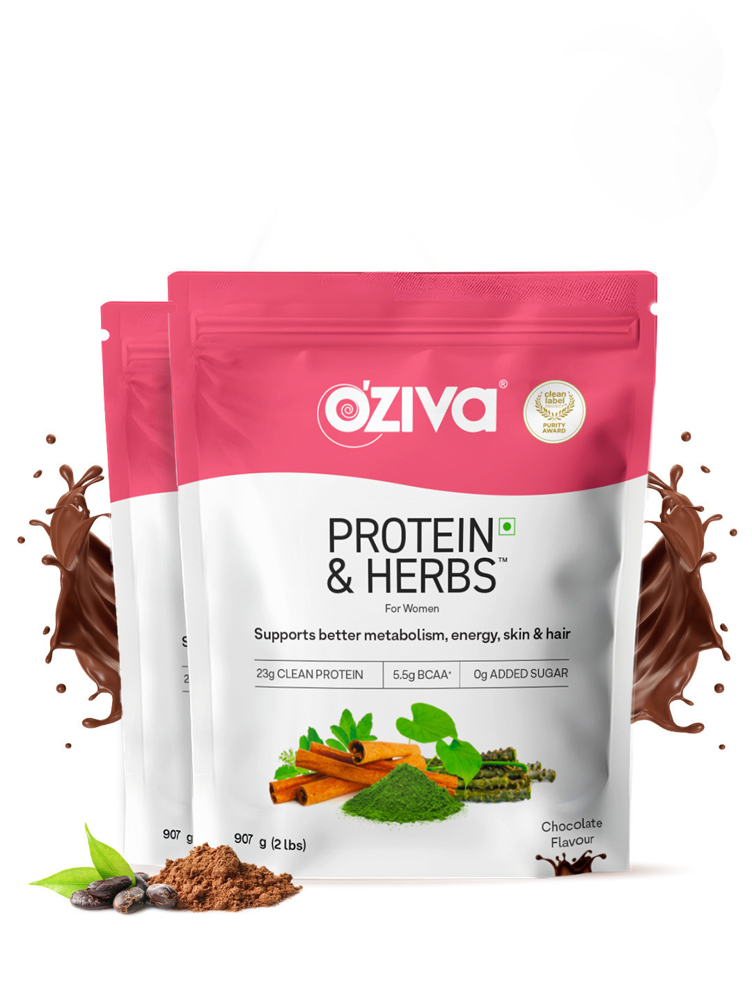 OZiva Pack of 2 Protein & Herbs for Weight Management  - Chocolate (907 g Each)