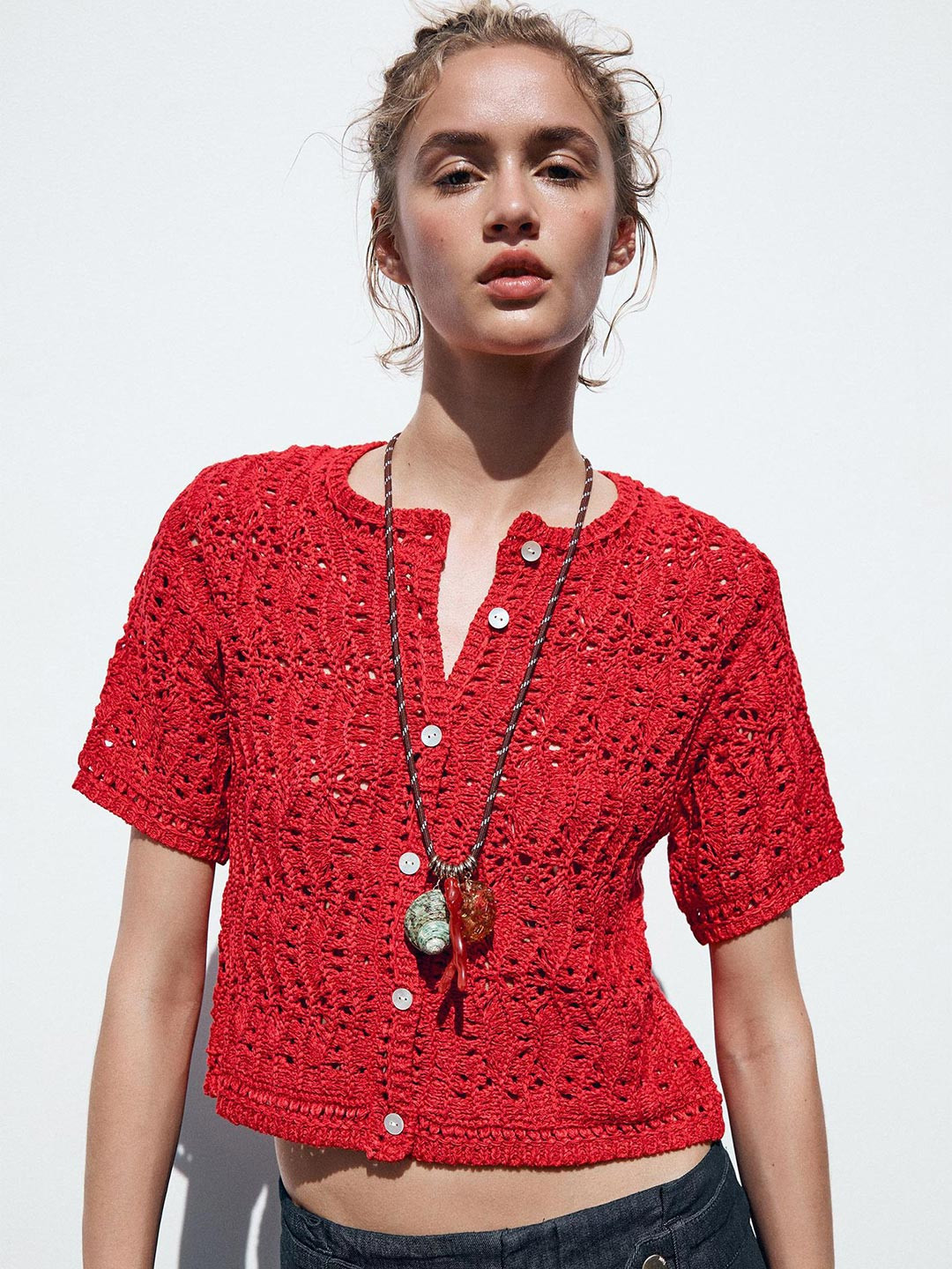 LULU & SKY Women Open Knit Round Neck Cardigan