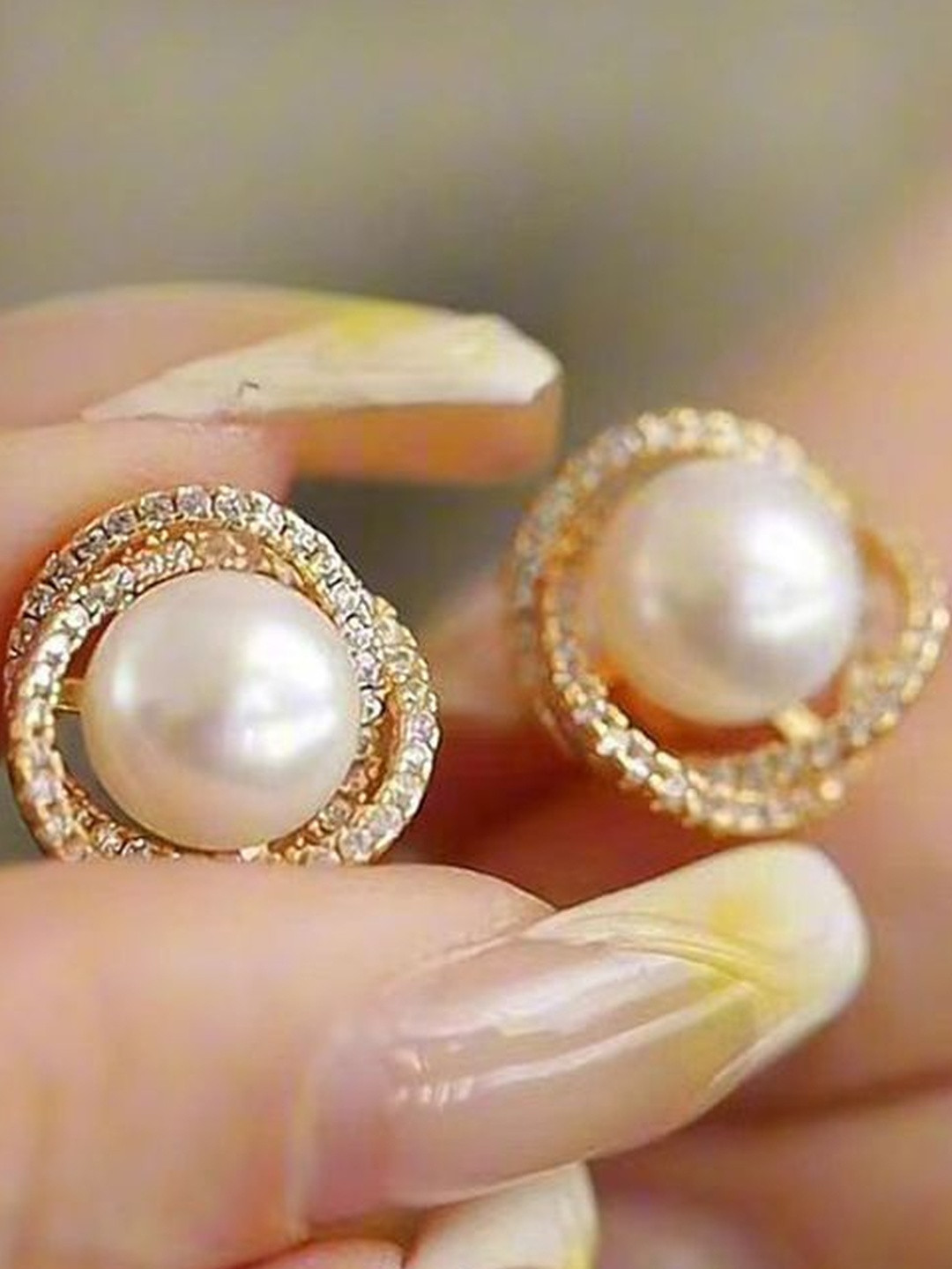 Celestique Cubic Zirconia Studded & Artificial Beaded Circular Shaped Studs