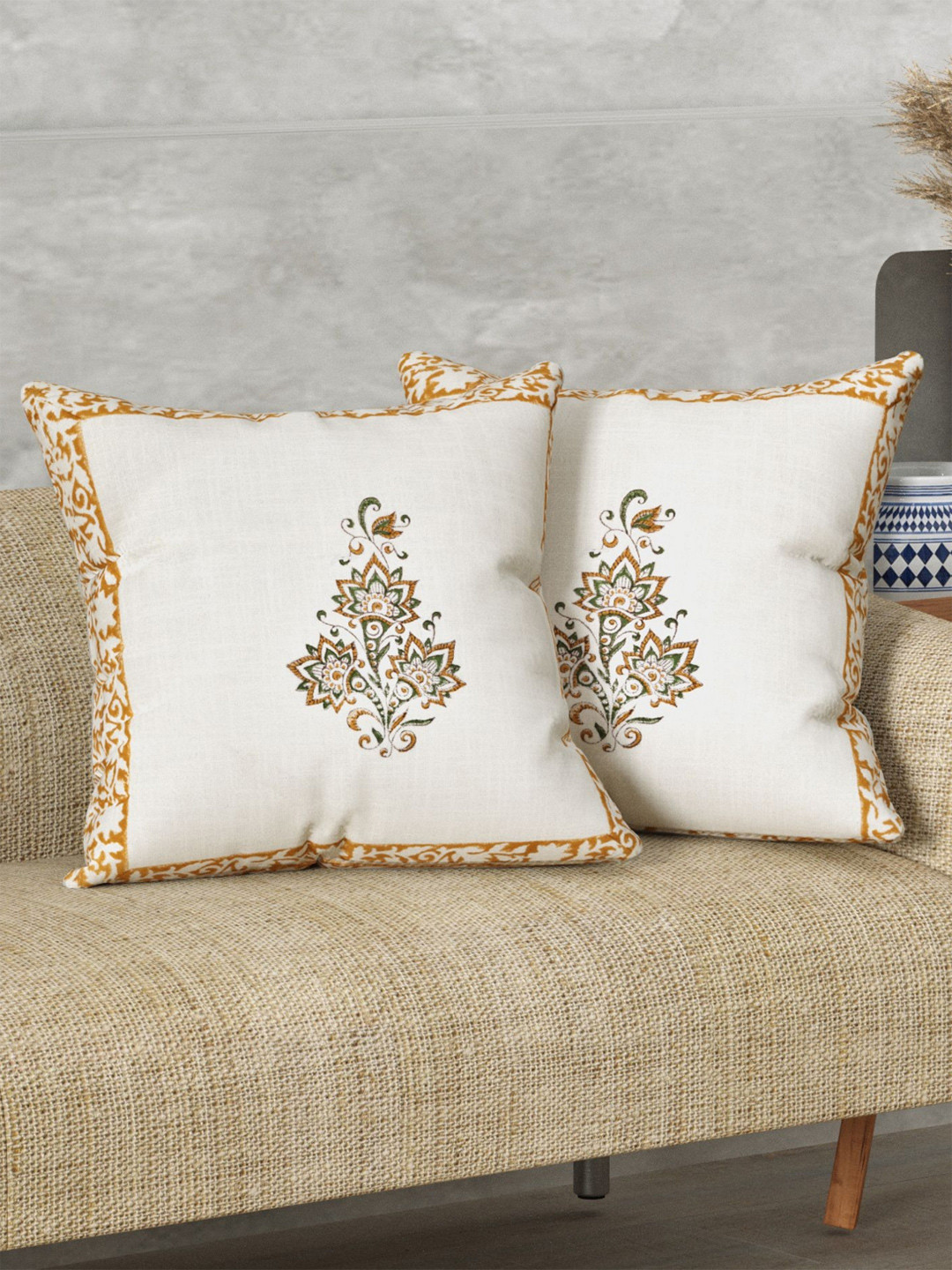 LIVING ROOTS Set Of 2 Hand Block Flower Booti Printed Heavy Slub Cotton Cushion Covers