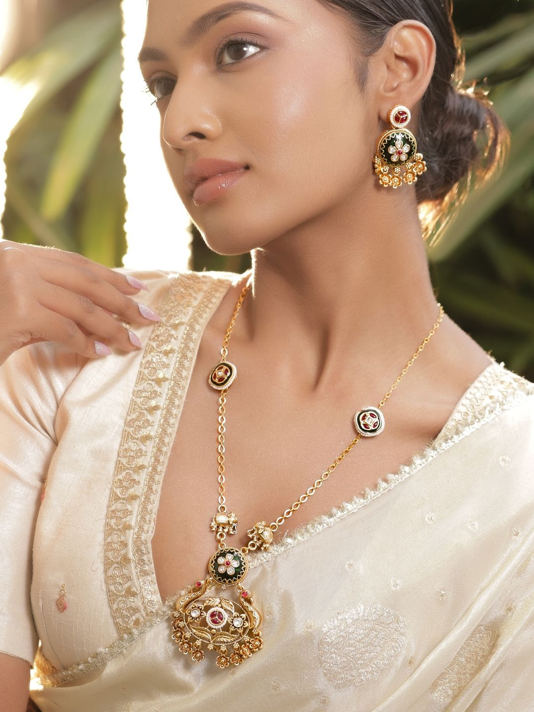Rubans 22K Gold-Plated Flora Long Necklace Set with Red & White Stone,Enamel & Golden Bead