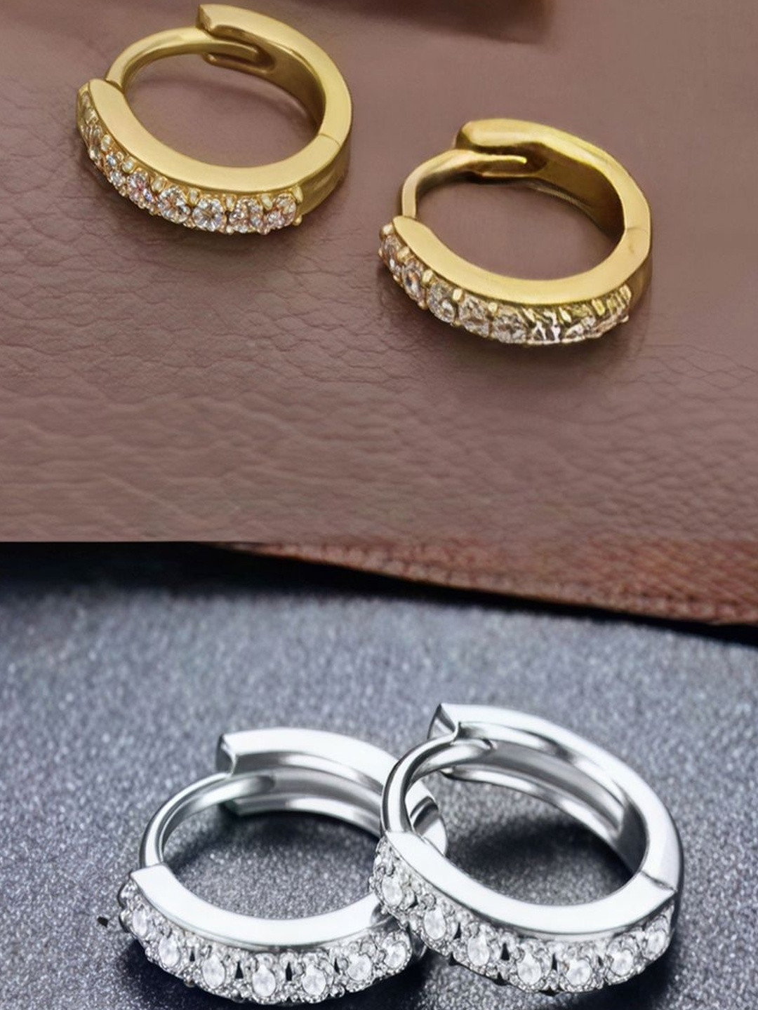 GILHER Women Silver & Gold Set Of 2 AD & Cubic Zirconia Bali Earrings