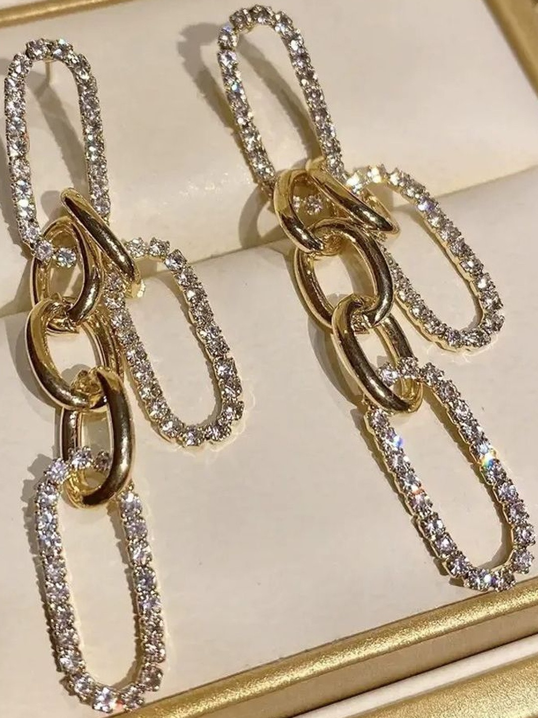 FIMBUL Gold-Plated Cubic Zirconia Stones Studded Linked Chain Shaped Drop Earrings