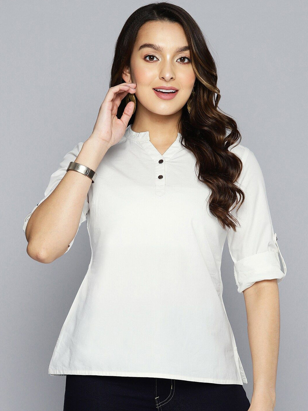 SHALIG Women Mandarin Collar Roll-Up Sleeves Cotton Top