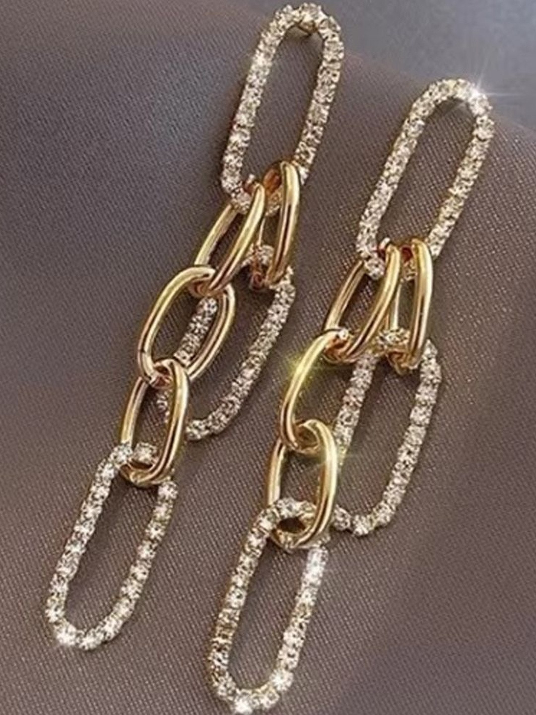 FIMBUL Gold-Plated Cubic Zirconia Stones Studded Linked Chain Shaped Drop Earrings