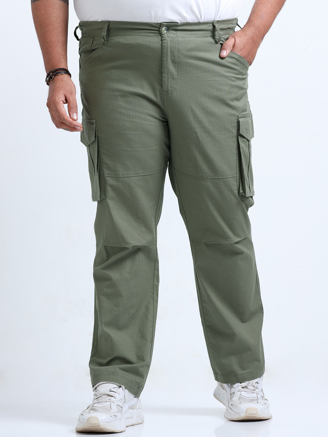 NEVER NEUD Men Plus Size Ribstop Cargo Pants 6 Pockets Button Closure