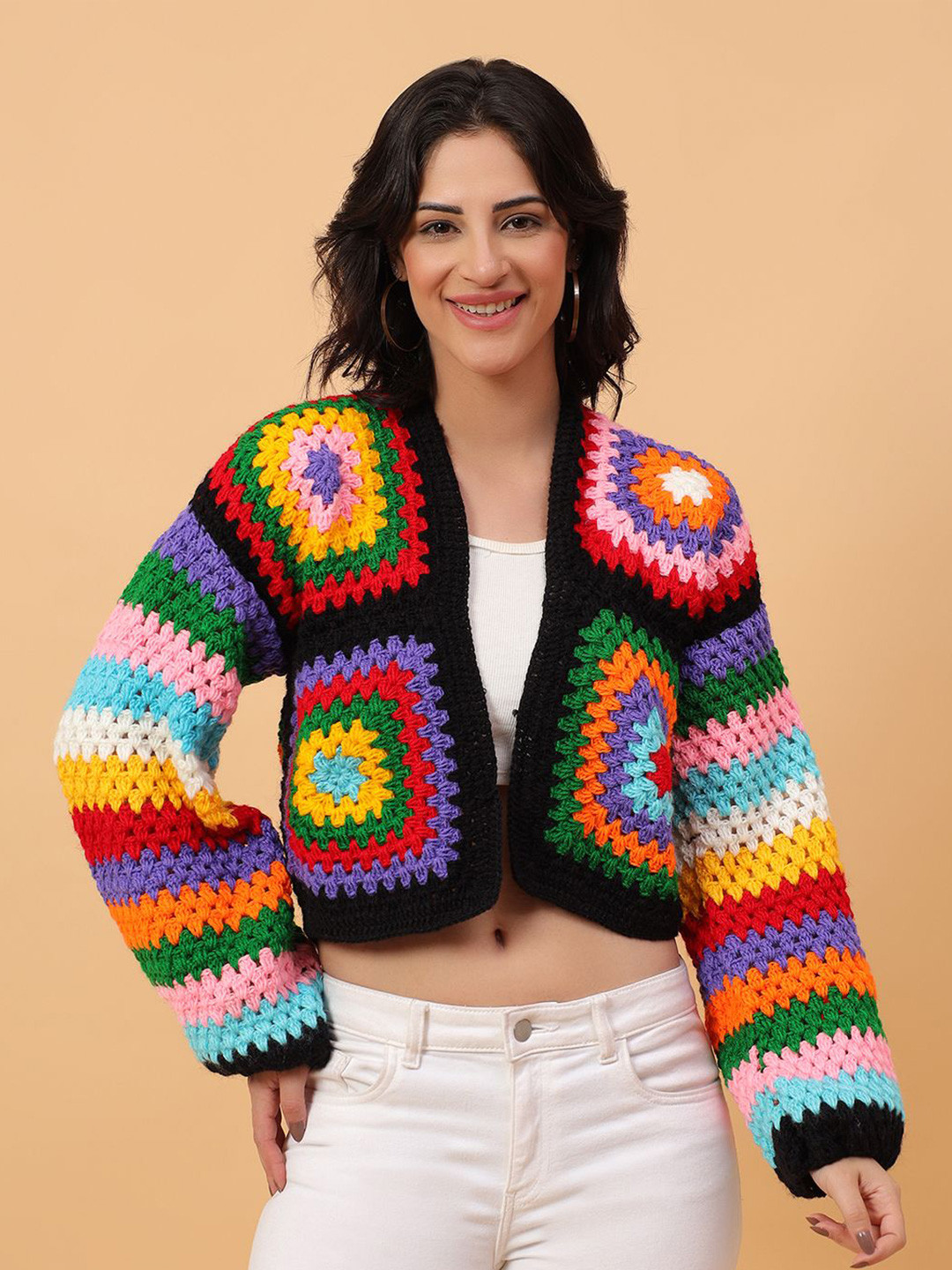 Velvery Women Geographic Pattern Open Front Crop Cardigan