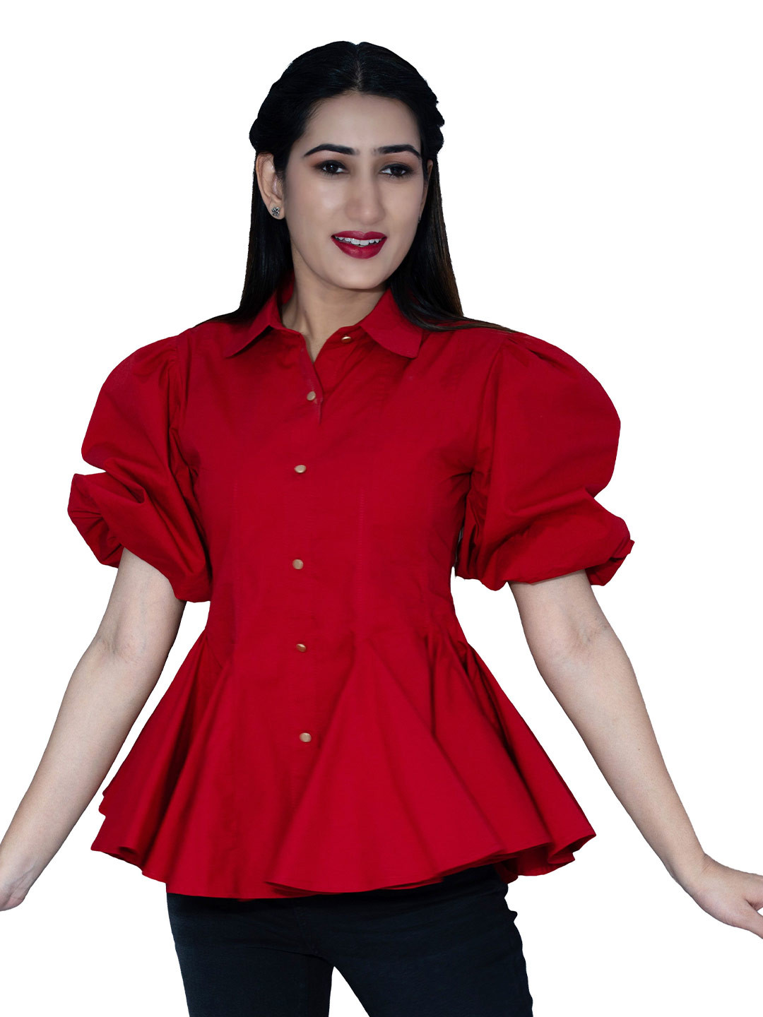 BELLO DONA CLOTHING Women Gathered Puff Sleeve Cotton Peplum Top