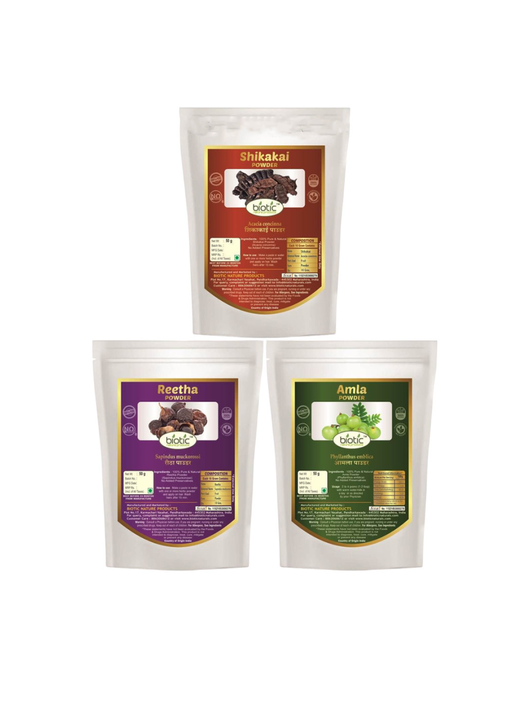 Biotic Set Of 3 Amla- Reetha & Shikakai Powder Hair Mask- 50 g Each