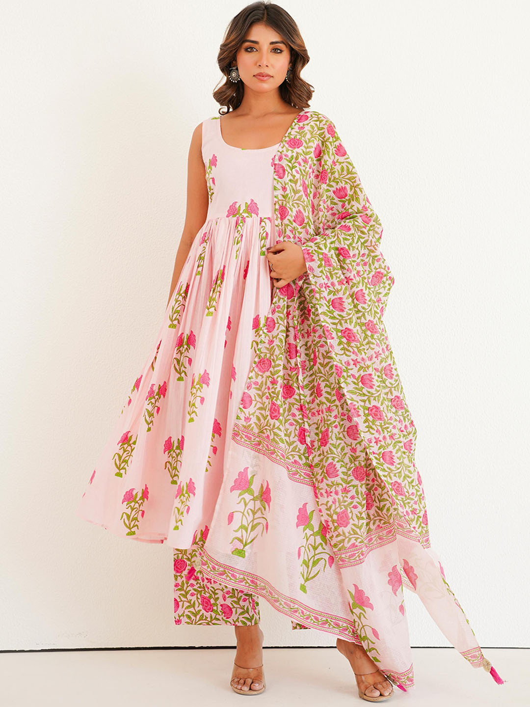 NIHARO Women Printed Pure Cotton Anarkali Kurta & Trouser & Dupatta