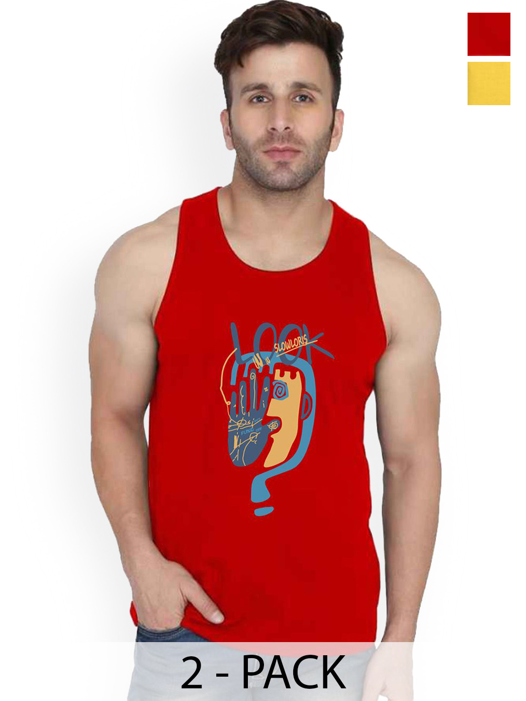 SLOWLORIS Pack Of 2 Printed Combed Cotton Gym Vests VSL26 CMB(LOOK RED)(JUST YELLOW)