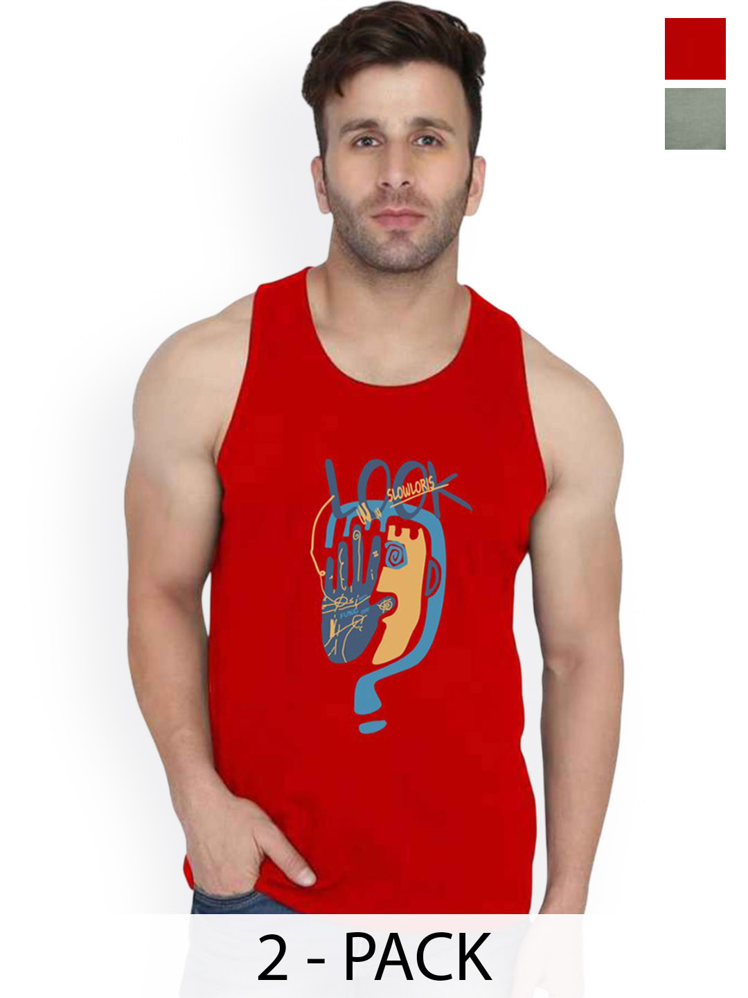 SLOWLORIS Pack Of 2 Printed Combed Cotton Gym Vests VSL26 CMB(LOOK RED)(LOOK LGTGREEN)