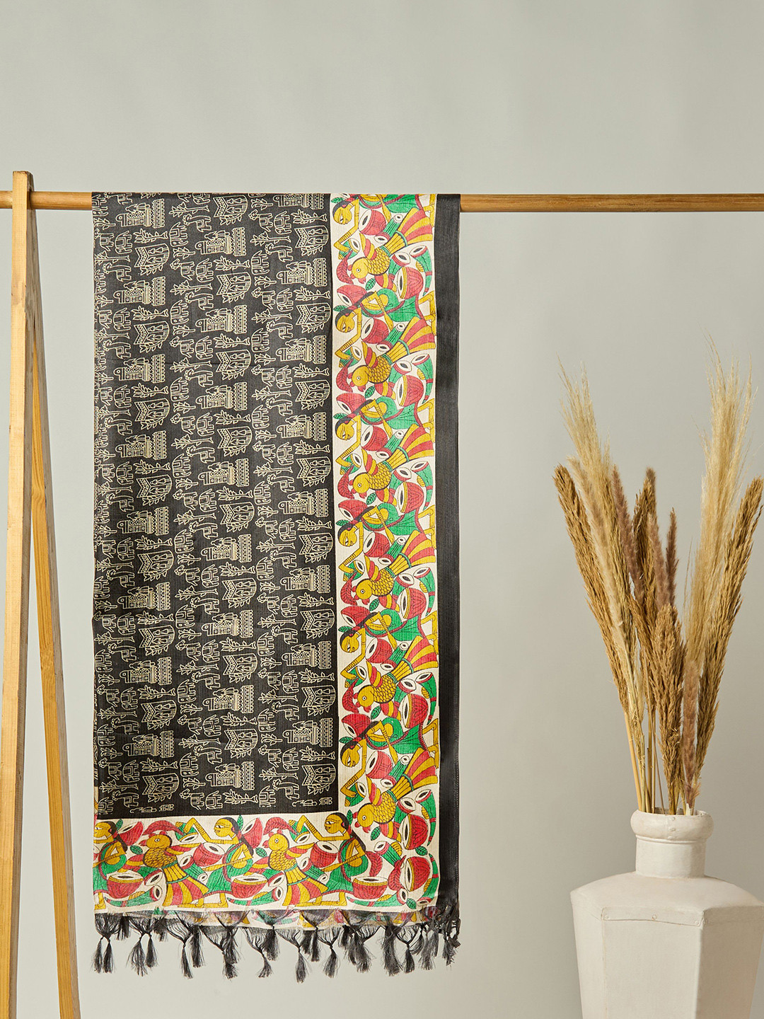 Globus Black Ethnic Motifs Printed Silk Dupatta