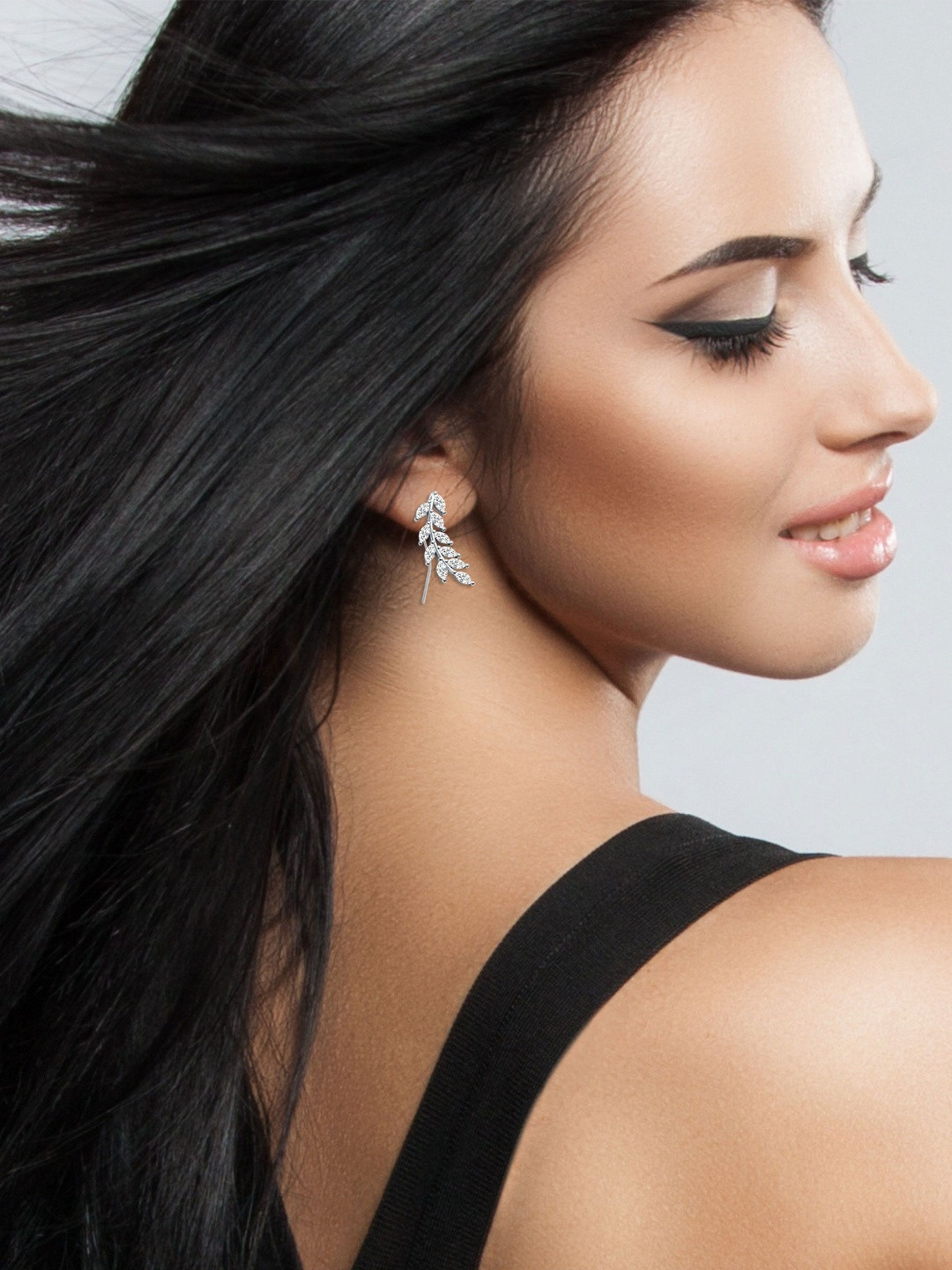 DEVASHREE Sterling Silver Rhodium-Plated Cubic Zirconia Studded Leaf Ear Cuffs