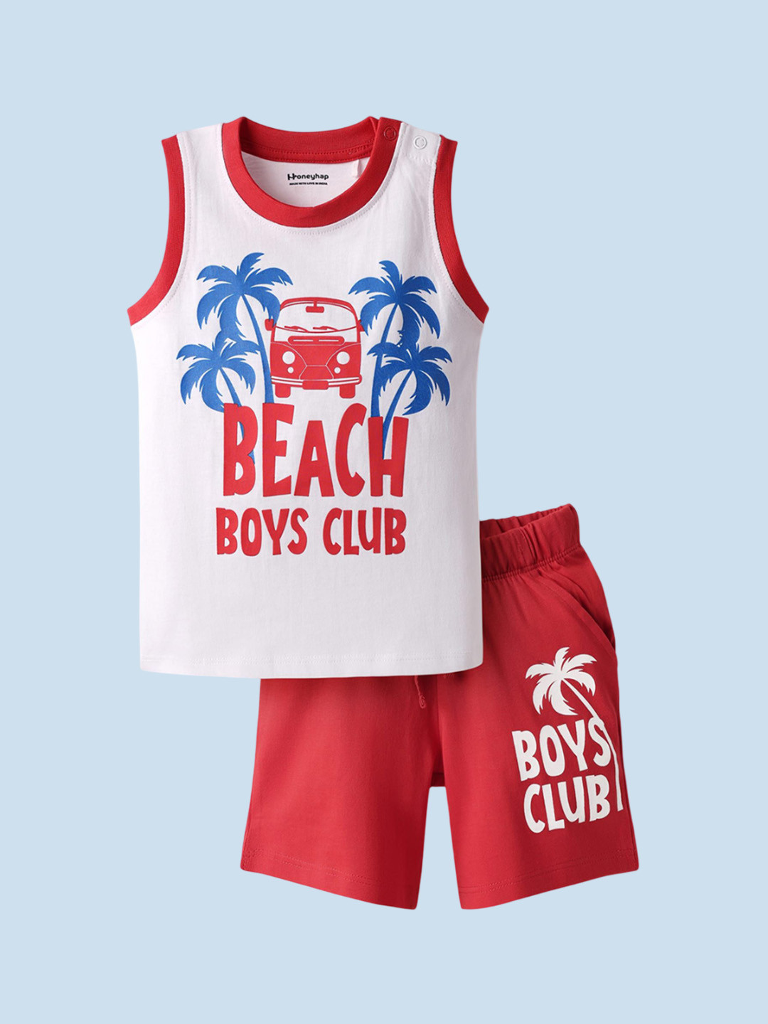Honeyhap Boys Beach-Theme Printed Round Neck Sleeveless Pure Cotton Night Suit