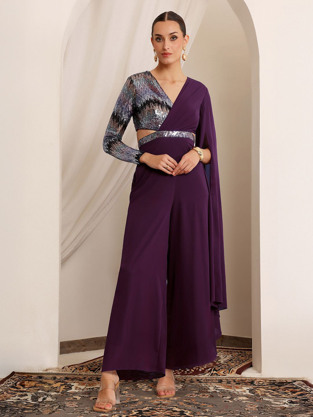 Miss Chase Women Luxe Georgette Jumpsuit With Asymmetric Draping