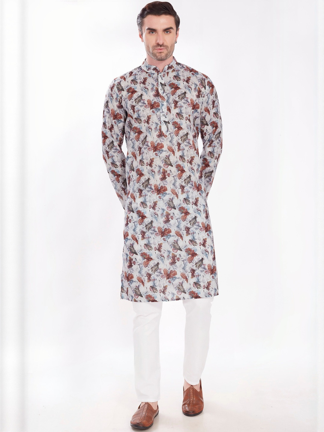 PulseIQ Men Linen Cotton Blend Printed Kurta