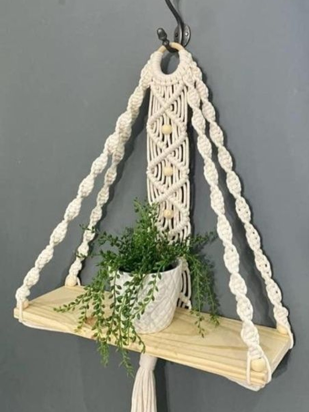 Aain Ivory Macrame Hanging Wall Shelf