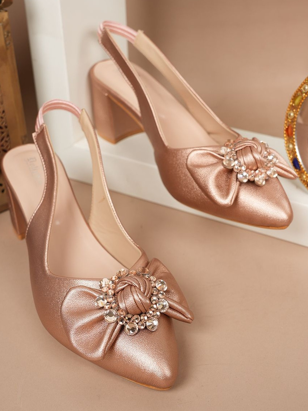 Dollphin Women Rose Gold Backstrap Pointed Toe Embellished Block Heels