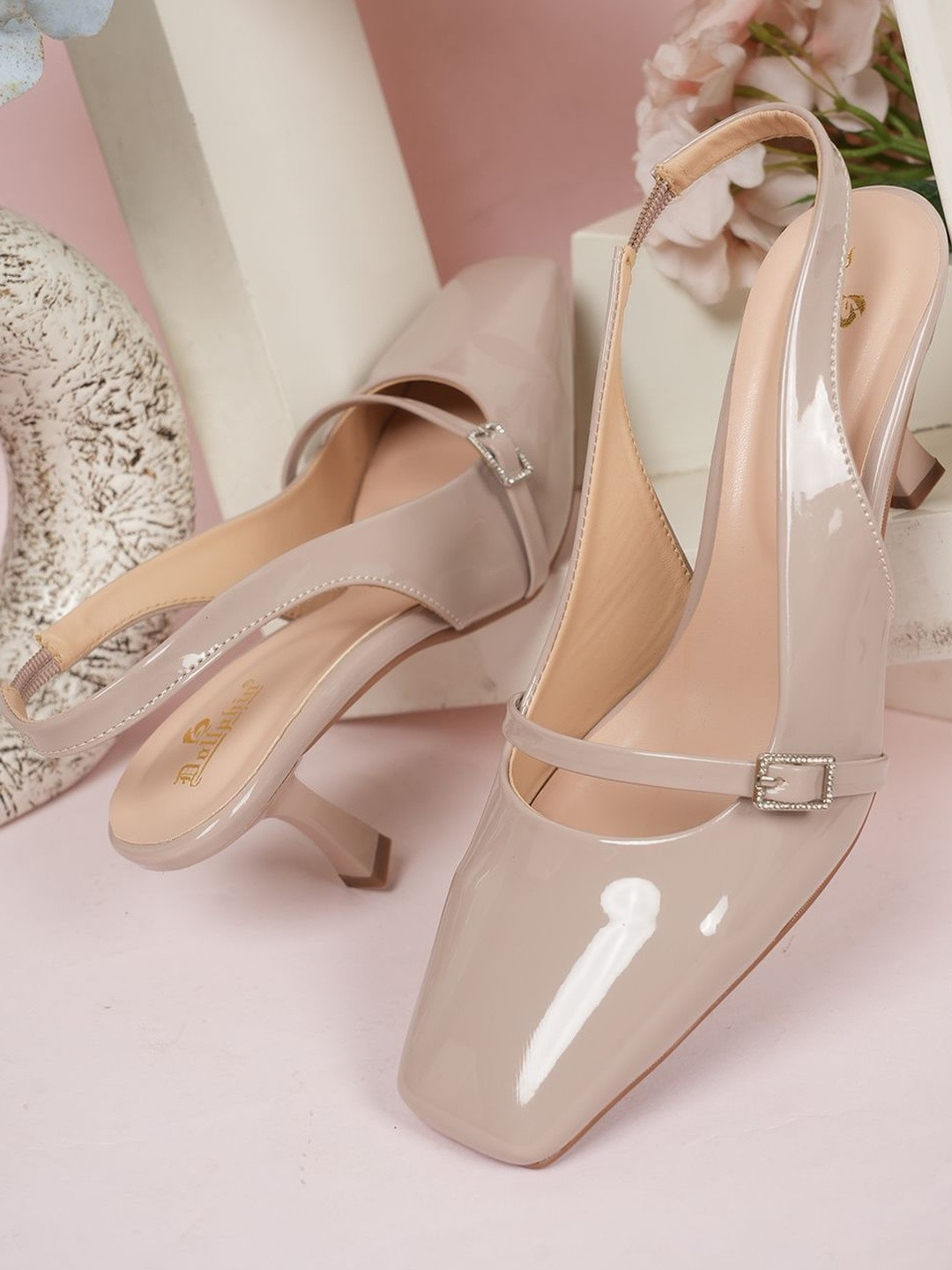 Dollphin Women Beige Partywear PU Kitten Heels Sandal